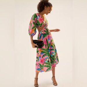 Farm Rio Cutout Midi Dress Womens Size XS Pink Linen Blend Toucan Tropical